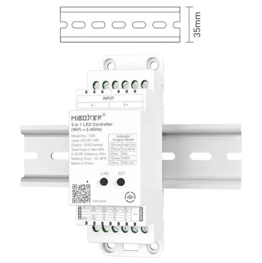 MiBoxer TW5 5-u-1 LED kontroler za DIN šinu, WiFi + RF